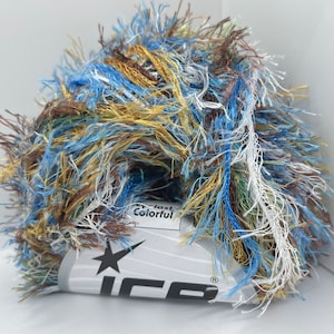 Cowgirl Eyelash Colorful #34129 Blue Brown White Green Gold Eyelash Yarn 50 gram 82 yards Multicolor Faux Fur Yarn