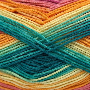 May include: Close-up of a ball of yarn with a gradient of orange, yellow, green, and pink colours. The yarn is made of soft, textured fibres and is perfect for knitting or crocheting.