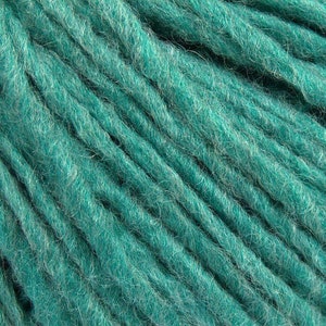 May include: Teal blue yarn with a fuzzy texture. The yarn is wound into a ball.