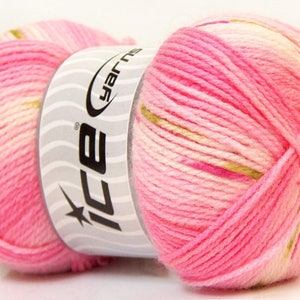 100gr Baby Design #22047 Pinks White Green Design Self-Striping and Patterning Acrylic Yarn 393yds