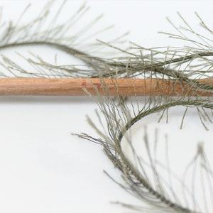 May include: A close-up of a pencil lying on top of two strands of green, string-like material. The material is arranged in a circular shape.
