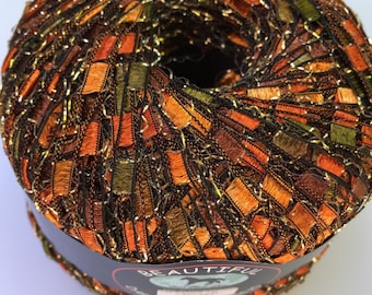 Autumn Glitz Ladder Ribbon Yarn Dark Horse Beautiful #A104 Copper, Orange, Green, Brown Gold Metallic Trellis Ribbon Fiber Jewelry Scarves