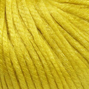 May include: A vibrant yellow yarn featuring a multi-ply twisted construction with a distinct sheen. The individual strands are tightly wound together, creating a smooth, uniform texture across the entire surface of the fiber material.