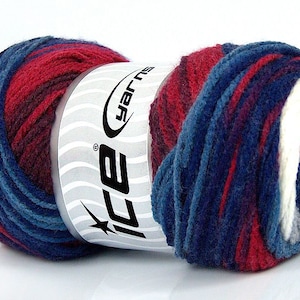 May include: A skein of yarn in a blue, red, and white color pattern. The yarn is labeled "Ice Yarns".