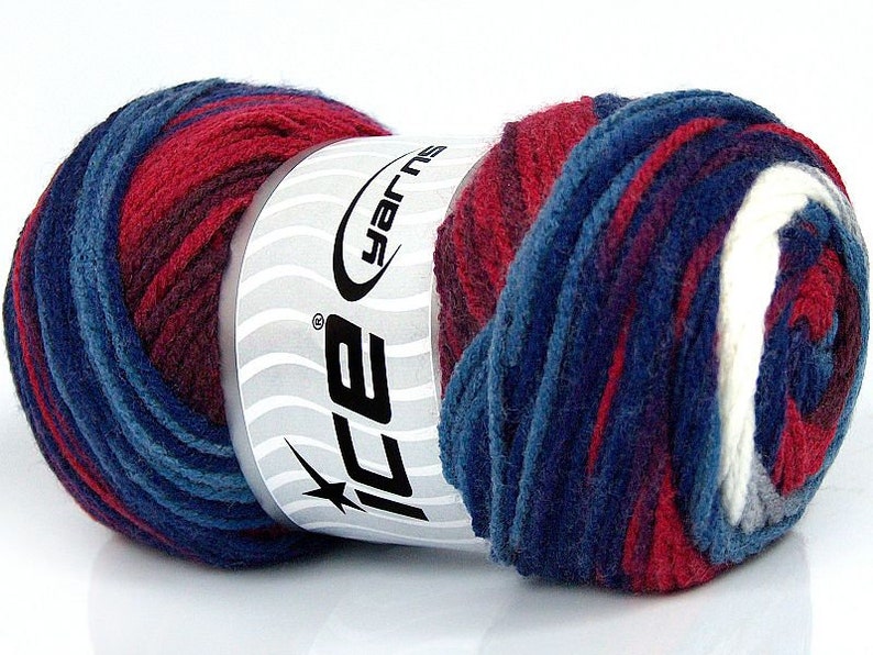 May include: A skein of yarn in a blue, red, and white color pattern. The yarn is labeled "Ice Yarns".