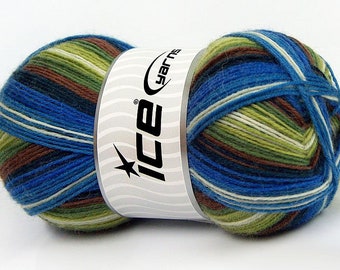 Smart Sock Yarn Ice #67406 Green, Blue, Brown, White Striping Superwash Wool & Nylon - 100 Grams, 437 Yards