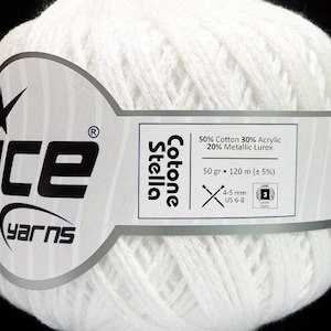 Cotone Stella White with Iridescent Metallic Sparkle Yarn 55281 Ice Yarns DK Weight Cotton Blend 50 Grams (1.75 oz) 120 m (131 yards)