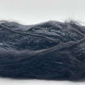 May include: A close-up of a large pile of black yarn or string. The fibers are tangled and messy, creating a textured and abstract look.