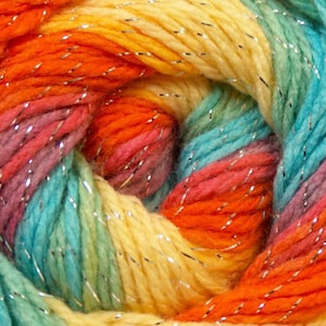 100 gr Magic Glitz 22057 Aqua Orange Grün Pink Silber Metallic Self-Striping DK Wolle - 393 Meter