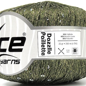May include: A skein of green yarn with gold and silver sequins. The label reads "Dazzlle Paillette" and lists the yarn composition as 20% Paillette, 40% Metallic Lurex, and 35% Polyester. The yarn is 25 grams and 200 metres long.