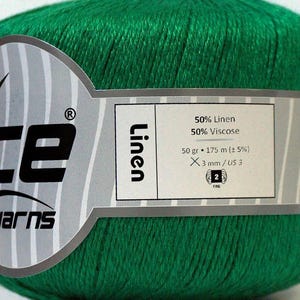 May include: A ball of green yarn with a label that reads "Ice Yarns" and "Linen". The label also indicates the yarn is 50% linen and 50% viscose, with 50 grams and 175 meters. The yarn is 3 mm / US 3.