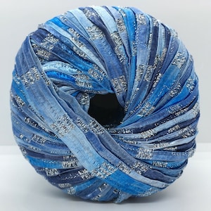 Memento Royale - Berlini Glitter Ribbon Yarn #99 Blue Jazz - Blues with Silver Glitter - 3/8" Wide, 50 Grams, 88 Yards