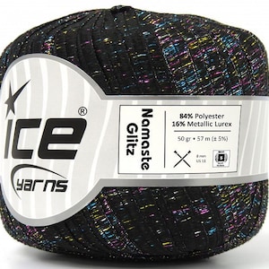May include: A skein of black yarn with multicoloured metallic threads. The label reads "Namaste Glitz" and includes details about the yarn's composition: 84% Polyester, 16% Metallic Lurex, 50 grams, 57 metres (&plusmn;5%), 8mm (US 11) needles.