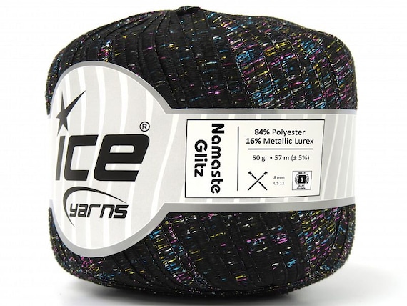 Namaste Glitz Ribbon Yarn 80354 Ice Yarns Black with Blue Pink Gold Silver Sparkle, Polyester 50 gr (1.76 oz) 57 m (62 yds) x 1/4 inch wide.