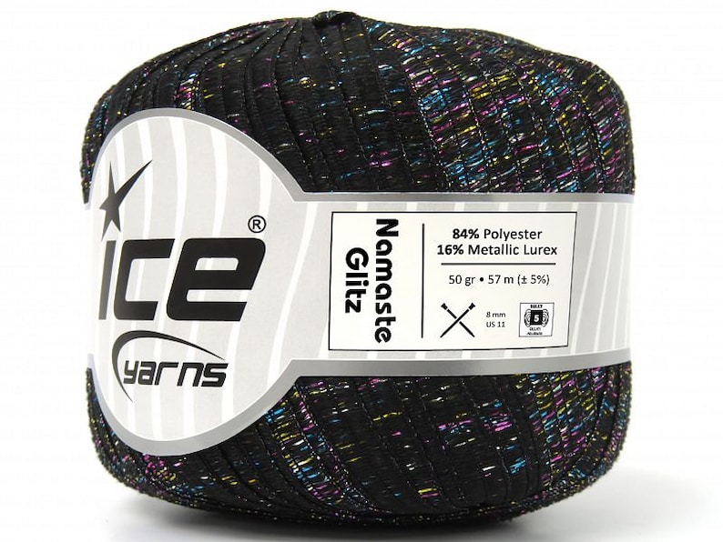 May include: A skein of black yarn with multicoloured metallic threads. The label reads "Namaste Glitz" and includes details about the yarn's composition: 84% Polyester, 16% Metallic Lurex, 50 grams, 57 metres (&plusmn;5%), 8mm (US 11) needles.