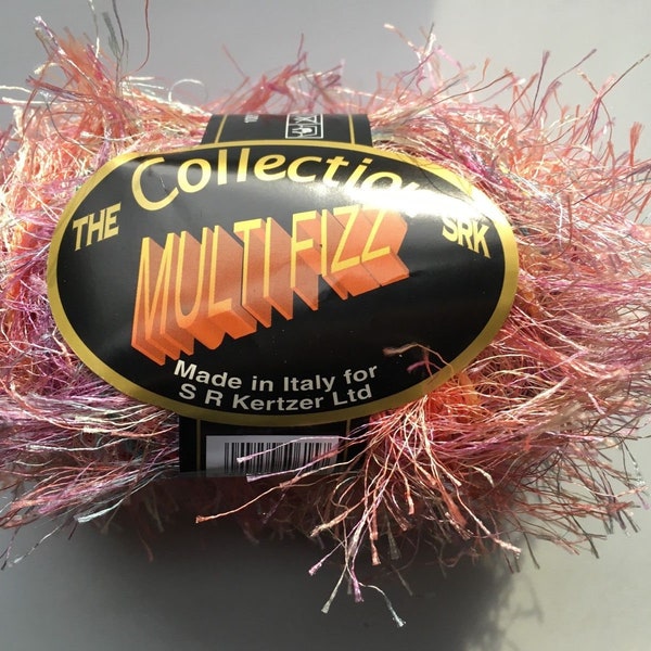 Kertzer SRK Collection Multi Fizz #615 Coral Seas - Coral Pink Aqua Lilac Gold Long Eyelash Yarn 50 Gram 66 Yards Made in Italy