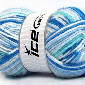 May include: A ball of yarn in shades of blue, white, and teal. The yarn is wrapped with a white label that reads "ice yarns" in black text. The yarn is suitable for knitting or crocheting projects.