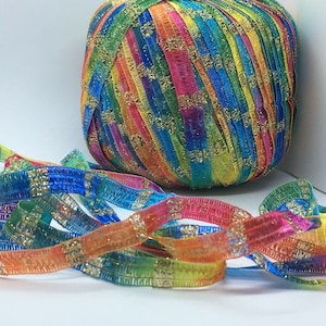 Memento Royale - Berlini Glitter Ribbon Yarn #153 Bon Bon - Pink Green Blue Yellow Orange Purple Gold Glitter 3/8" Wide, 50 Grams, 88 Yards