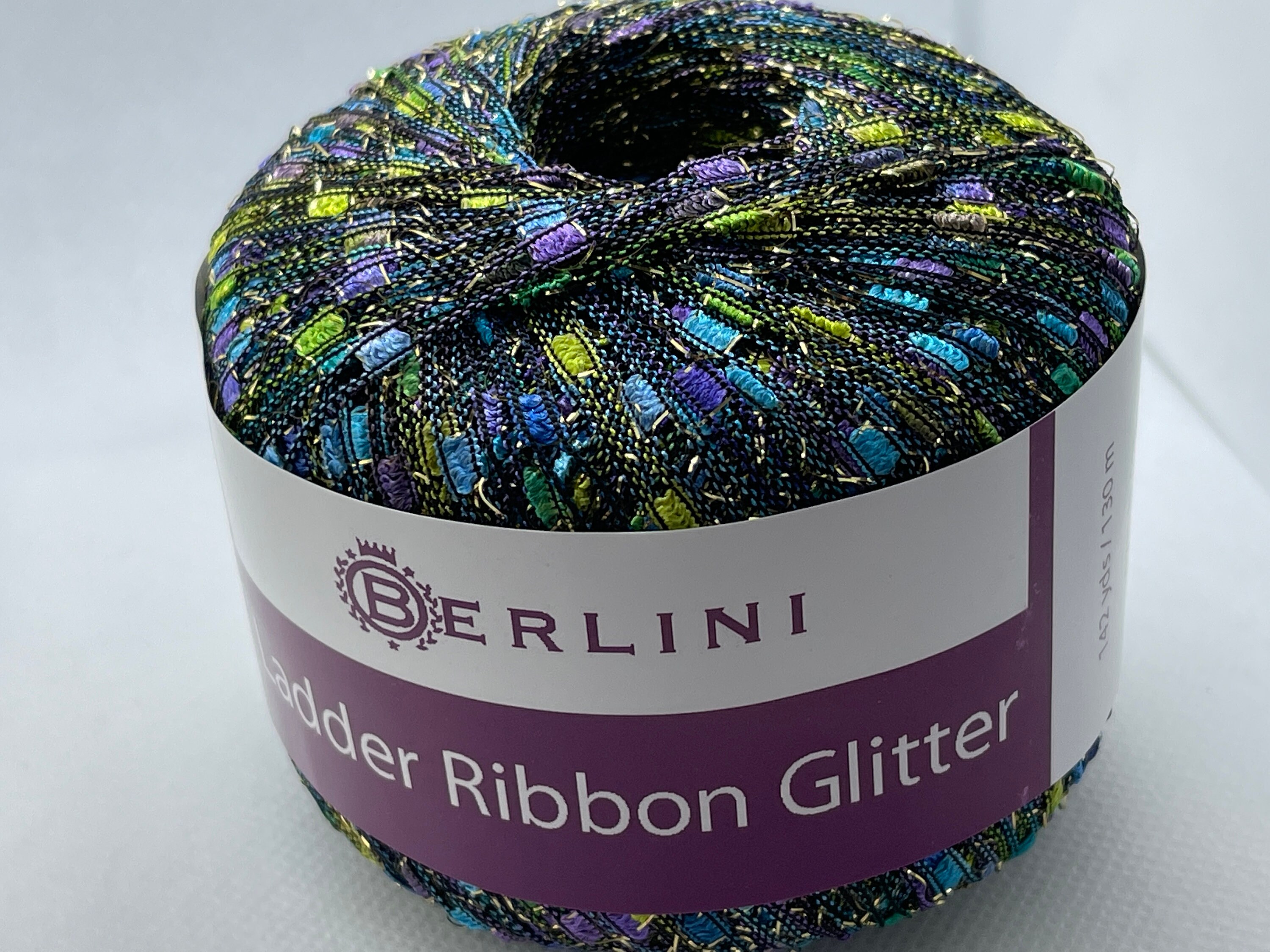 Berlini Ladder Ribbon Glitter Yarn #159 Neptune - Purples, Greens, Blues with Gold Metallic Accent 50gr 142yds