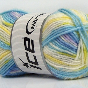 May include: A ball of yarn with a white, blue, yellow, and purple striped pattern. The yarn is wrapped around a label that says "ICE yarn".