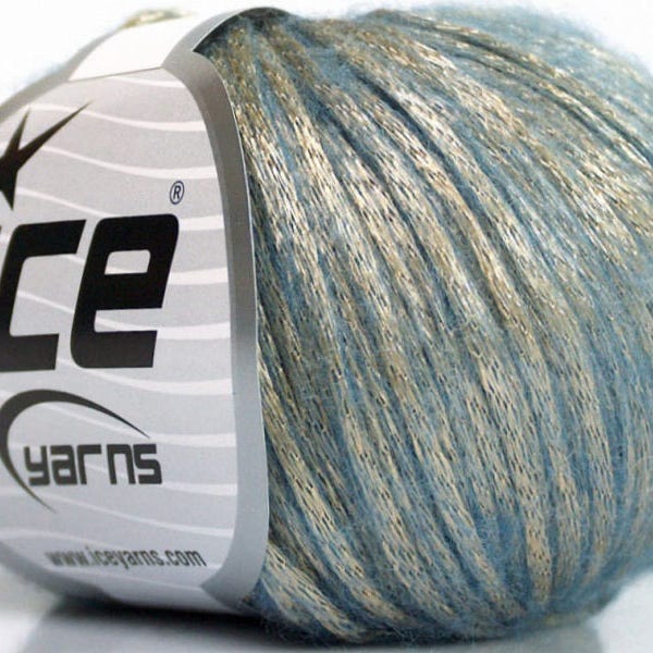 Rock Star Light Gold Metallic Sheen, Light Blue, Soft Nylon, Merino Wool, Acrylic Blend Yarn, 50 Gram 125 Yards, #52019 Ice