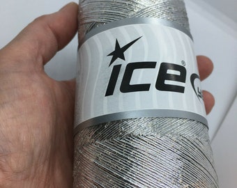 Metallic Cotton Silver Yarn Ice 66864 - #1 Superfine 200gr (7oz.) 874yds - Cord-like Silver Yarn - Perfect for Fiber Necklaces & Evening