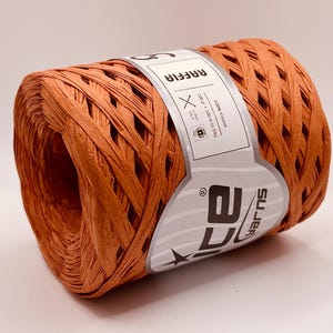 May include: A roll of orange raffia yarn with a white label. The label reads "RAFFIA" and includes details about the yarn's composition and weight. The yarn is 100% viscose and weighs 100 g (3.5 oz).