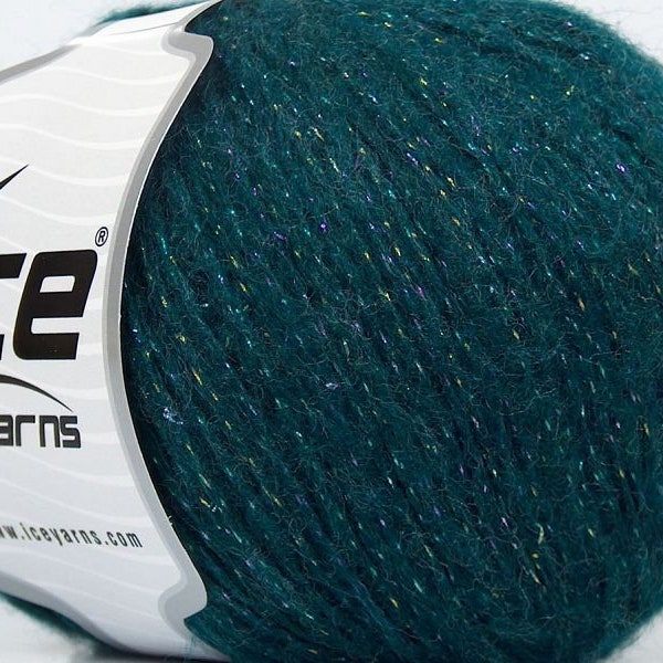 Fuzzy Teal Yarn with Iridescent Metallic - Ice Yarns 72101 Acrylic Wool Polyester Metallic Lurex Blend, 1.76 oz (50 gr) 164 yds (150 m)