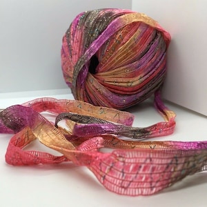 Tinkerbella Berlini Wide Ribbon Yarn #7 Jubilee - Pink, Lilac, Taupe, Melon, Metallic Glitter Thread ZigZig - 50 gram 33 Yards 5/8&quot; wide
