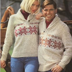 Scandinavian Ragg Pullovers with Collar PDF Knitting Pattern Download #8446 Vintage 1980s Classic Sweater Men Women 34-46 Poinsettia Sweater