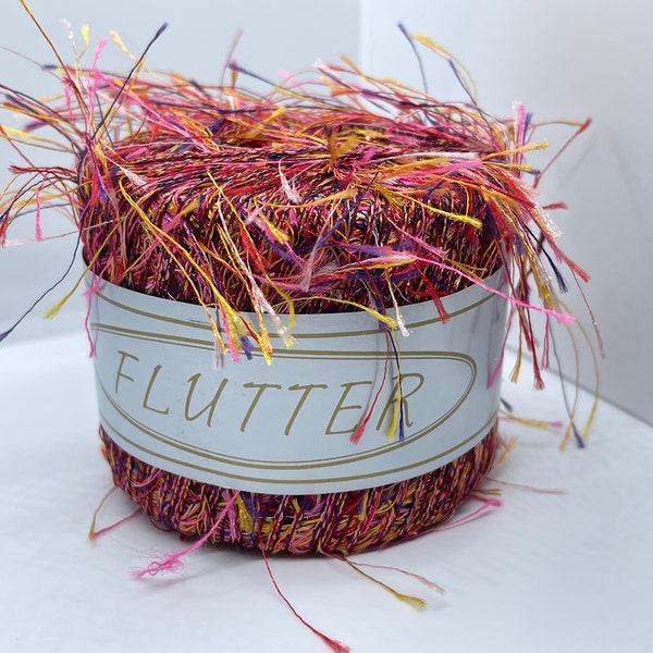 Knitting Fever Flutter #50 Red Pink Yellow Purple + Long Eyelash Carry-along Yarn Polyester 20 gr 75 yds