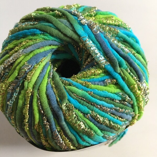 Dark Horse Yarns Allure #103 Aqua Turquoise Blues Greens Gold Metallic & Matte Ribbon, Bulky, 98 Yards, 100 Gram