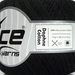 May include: A black ball of Daphne Cotton yarn by Ice Yarns. The label reads "100% Mercerized Cotton", "50 gr 282 m (± 5%)", "2 mm US 0", and "Super Fine".