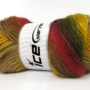 Lana Bella Camel, Gold, Red, Dark Khaki Yarn 82263 Ice Yarns Merino Wool Blend Self-Striping DK Weight 100 grams 273 yards