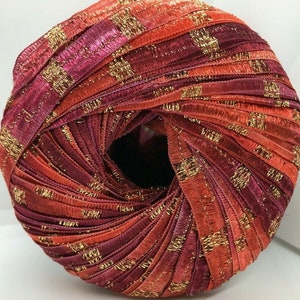 Memento Royale - Berlini Glitter Ribbon Yarn #42 Bright Rose - Red Burgundy with Gold Metallic - 3/8" Wide, 50 Grams, 88 Yards