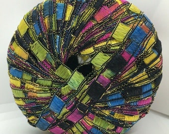 Berlini East Track II #96 Paintbox - Yellow, Black, Green, Pink, Blue, Gold Metallic Accent Ladder Ribbon Yarn 50 Gr 98 Yds Wide ladder yarn