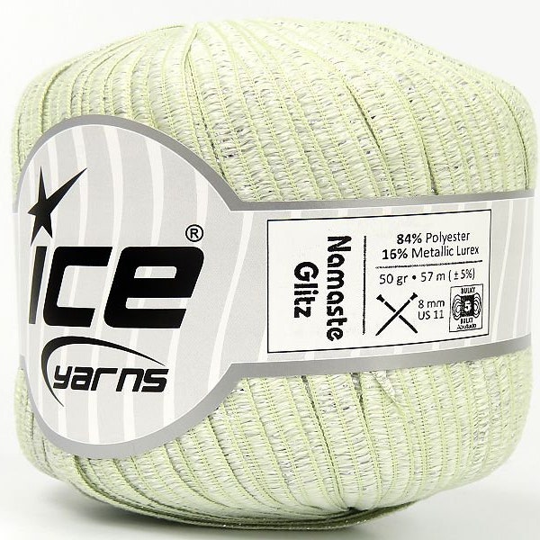 Namaste Glitz Ribbon Yarn 80628 Ice Yarns Pale Celery with Silver Sparkle, Polyester 50 gr (1.76 oz) 57 m (62 yds) x 1/4 inch wide.