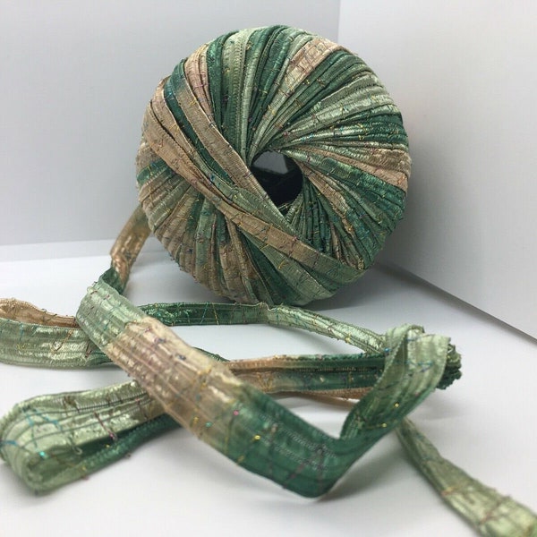 Tinkerbella Berlini Wide Ribbon Yarn #43 Brilliant Herbs - Greens, Beige, Metallic Glitter Thread ZigZig - 50 gram 33 Yards 5/8" wide