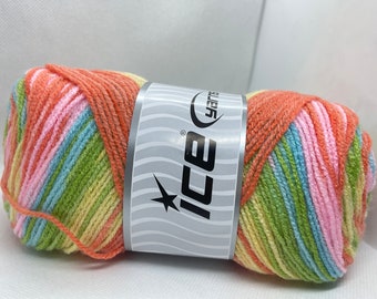 100gr Baby Batik #77517 Ice Yarns Orange, Blue, Green, Pink, Yellow Self-Striping Yarn 393yds - Acrylic, Sport Weight