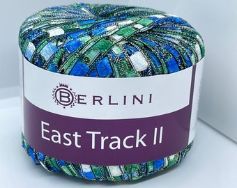 Berlini East Track II #162 Grenada - Blue, Green, White with Gold Metallic Accent Ladder Ribbon Yarn 50 Gram 98 Yards