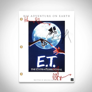 May include: A white paper with the title "HIS ADVENTURE ON EARTH" and the movie poster for E.T. The Extra-Terrestrial. The poster shows a silhouette of E.T. and a child on a bicycle in front of the moon. The paper has signatures.