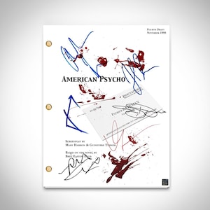 May include: A white script page for the movie "American Psycho" with red and blue ink splatters and signatures from the cast and crew. The signatures include Patrick Bateman, Pierce Brosnan, and Bret Easton Ellis.