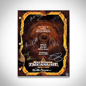 May include: A film script for "National Treasure" with signatures. The script has a brown background with a gold border. The title "National Treasure" is at the bottom, and the names of the writers are listed.