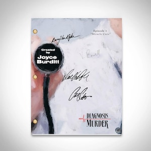 May include: A white script page with black text for the TV show "Diagnosis Murder". The page has the title "Diagnosis Murder" with a red EKG line underneath. The page also has the text "Episode 1 "Miracle Cure"" and "Created by Joyce Burditt". The page has several signatures in black ink.