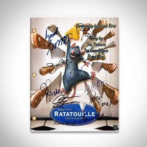 May include: A signed script from the animated film Ratatouille, featuring a blue rat character surrounded by knives. The script is signed by Brad Bird, Jan Pinkava, Jip Cepobtayco, and others.
