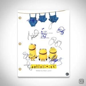 May include: A white script with the title "Minions" written in blue and yellow. The script is signed by the cast and crew, including the names "Steve Carell", "Pierre Coffin", and "Brian Lynch". Three yellow Minions are featured in the bottom center of the script.
