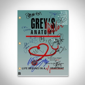 May include: A blue script for the TV show "Grey's Anatomy" with the episode title "A Hard Day's Night" and the episode number #100. The script is signed by several cast members, including Eric Stoltz, with a red heart and stethoscope graphic.