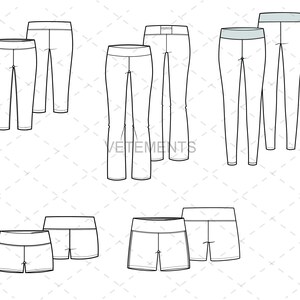 May include: Line drawing illustrations of different styles of pants and shorts. The illustrations show the front and back views of each garment.