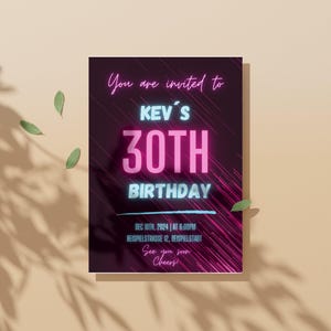 Neon birthday party invitation for 18th, 20th, 30th, 40th, 50th birthdays | digital animated WhatsApp invitation