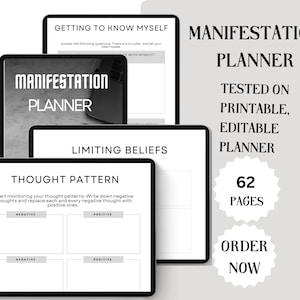 Peut inclure: Plusieurs tablettes affichent un planificateur de manifestation numérique. Le planificateur comprend des sections sur la réflexion personnelle, les croyances limitantes et les schémas de pensée. Le texte de l'image indique "Manifestation Planner", "Printable, Editable Planner", et "62 Pages".